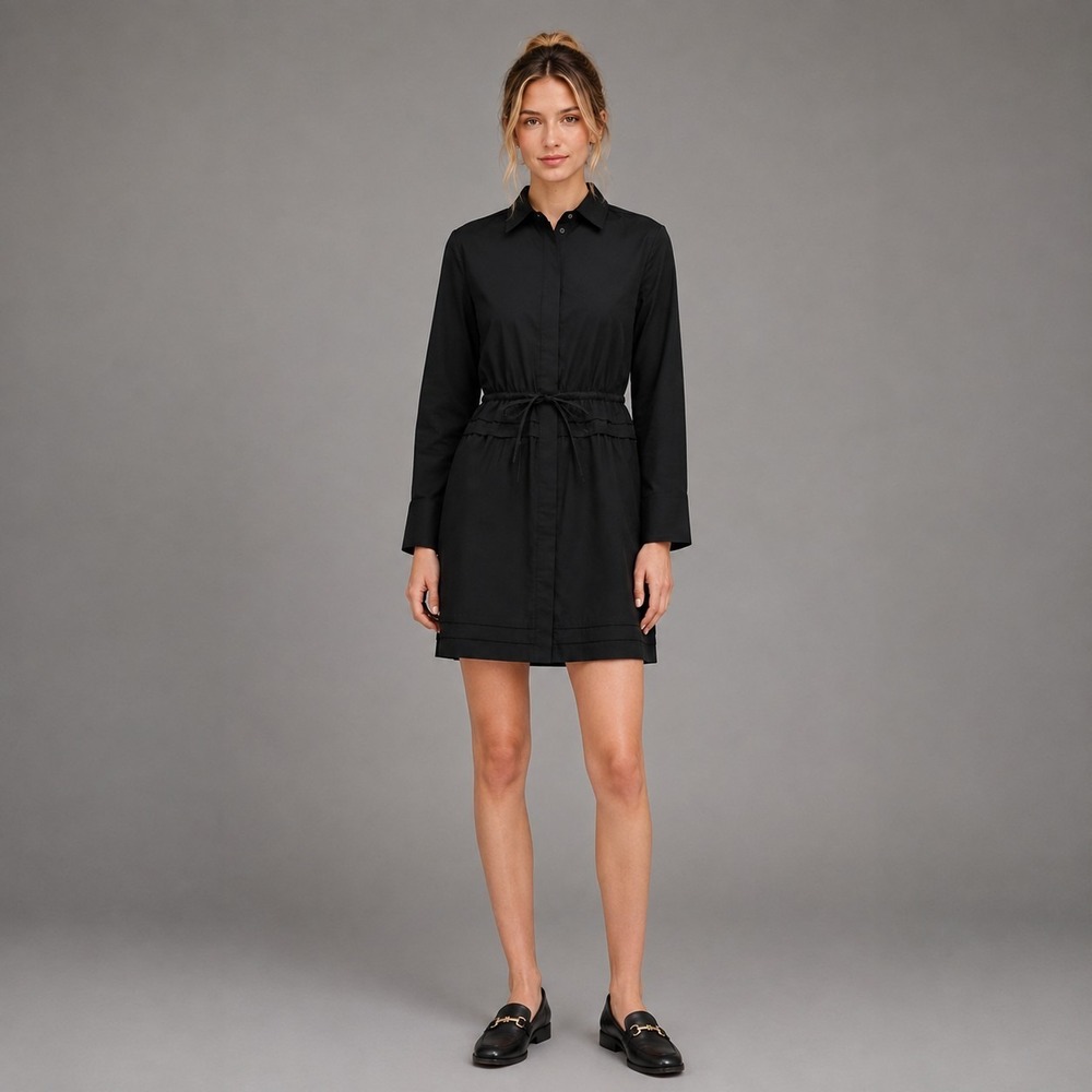 J.Crew Dress Womens Size 16 Black Cotton Poplin Smocked Shirt Pockets Elena Mini